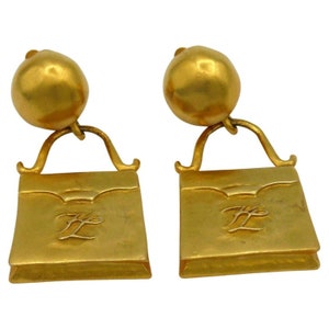 KARL LAGEFERLD * Vintage Gold Tone Bag Novelty Dangling Earrings