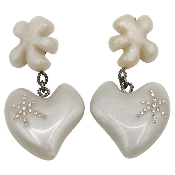 CHRISTIAN LACROIX * Vintage Pearly Grey Resin Heart Dangling Earrings