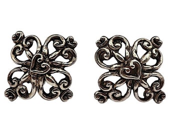 Vintage Antiqued Silver Tone Scroll Hearts Clip-On Earrings Christian Lacroix