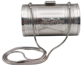 Iconic chrome tin can minaudière clutch bag Jean Paul Gaultier