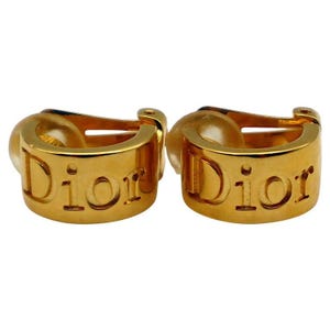 CHRISTIAN DIOR * Vintage Gold Tone Logo Half Hoop Clip-On Earrings