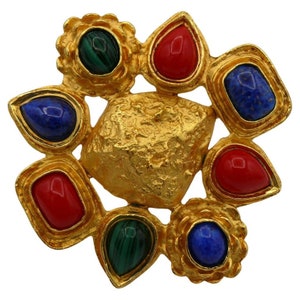CHRISTIAN LACROIX * Vintage Massive Gold Tone and Faux Gemstones Brooch