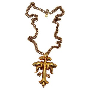 CHRISTIAN LACROIX * Important Collier Pendentif Croix Baroque Métal Doré Vintage