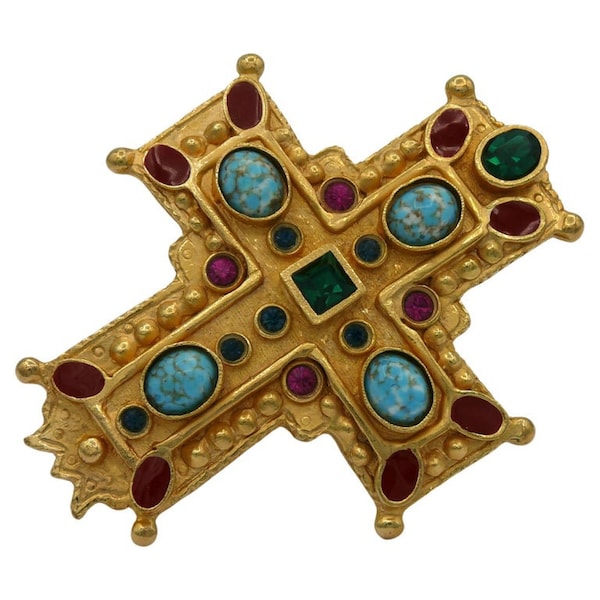 CHRISTIAN LACROIX * Vintage Massive Jewelled Gold Tone Cross Brooch Pendant
