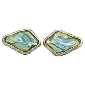 YVES SAINT LAURENT * Vintage Silver Tone Clear Blue Resin Clip-On Earrings