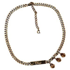 CHRISTIAN DIOR * Vintage Gold Tone Chain ID Tag Crystal Necklace