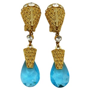 BALENCIAGA * Vintage Gold Tone Blue Glass Drop Dangling Earrings