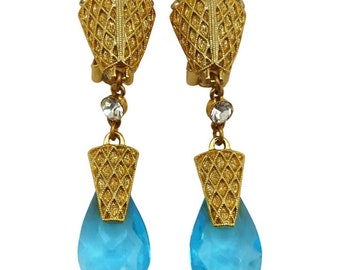 Vintage Gold Tone Blue Glass Drop Dangling Earrings Balenciaga