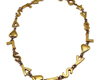 YVES SAINT LAURENT * Vintage Gold Tone Iconic Initials Hearts Stars Necklace