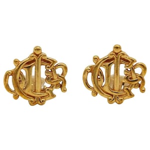 CHRISTIAN DIOR * Vintage Gold Tone Logo Clip-On Earrings