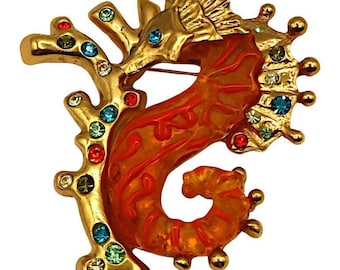 Vintage Massive Jewelled Sea Horse Brooch Christian Lacroix