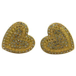YVES SAINT LAURENT * Vintage Gold Tone Jewelled Heart Clip-On Earrings