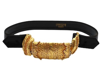 Vintage black leather belt with sculptural gilt metal buckle Christian Lacroix