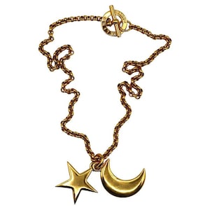 CELINE * Vintage Gold Tone Crescent Moon and Star Pendant Necklace