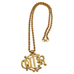 CHRISTIAN DIOR * Vintage Gold Tone Logo Pendant Necklace