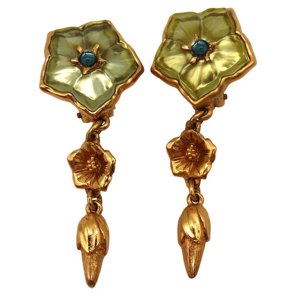 KENZO * Vintage Gold Tone Resin Flower Dangling Earrings