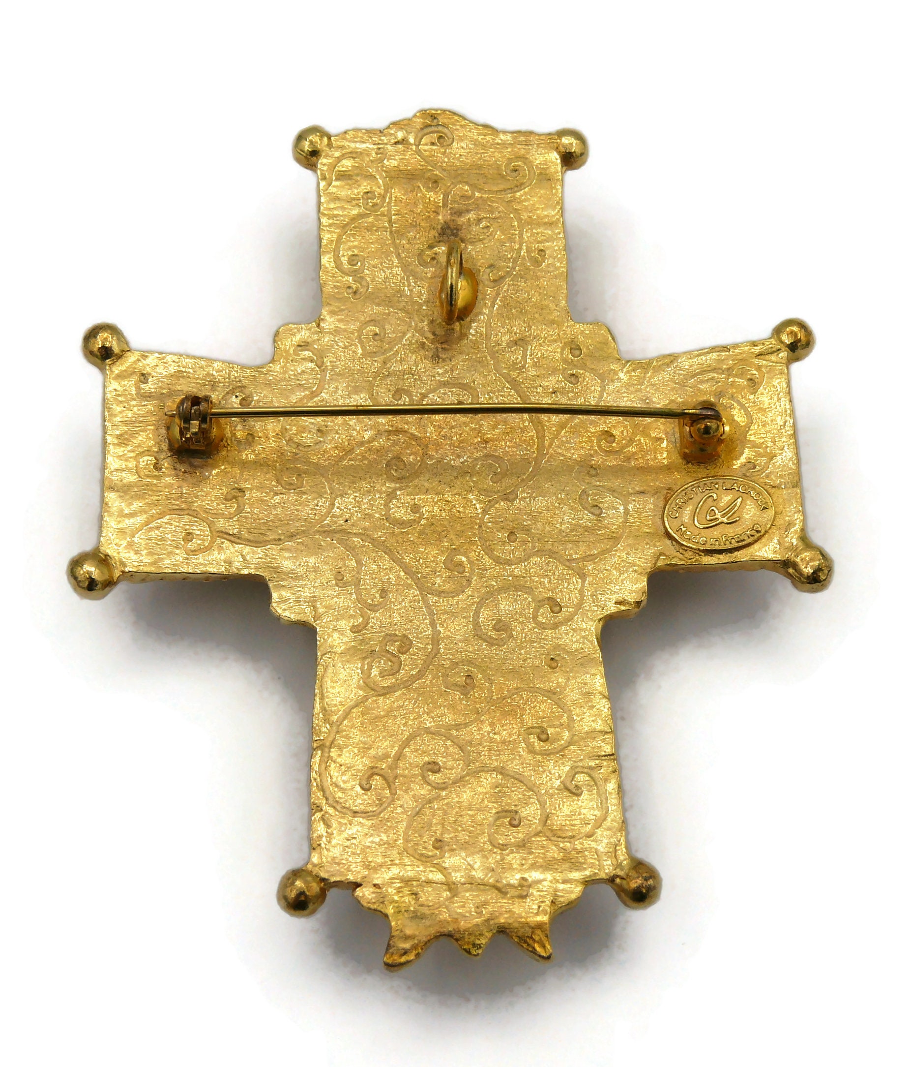 CHRISTIAN LACROIX * Vintage Massive Jewelled Gold Tone Cross CHRISTIAN LACROIX * Vintage Massive Jewelled Gold Tone Cross