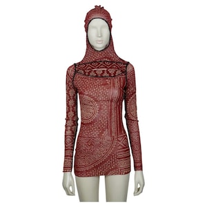 JEAN PAUL GAULTIER * Vintage Oriental Tattoo Sheer Mesh Hooded Top Size L