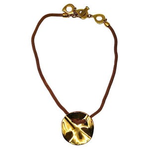 YVES SAINT LAURENT * Vintage Gold Tone Creased Disc Medallion Necklace