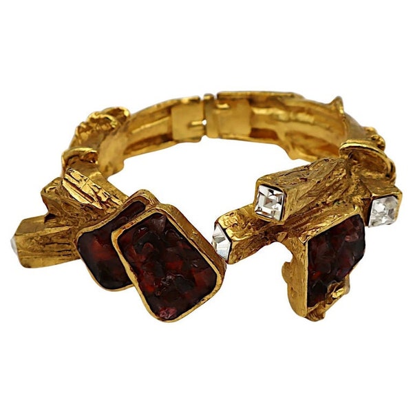 CHRISTIAN LACROIX * Vintage Gold Tone Jewelled Clamper Bracelet