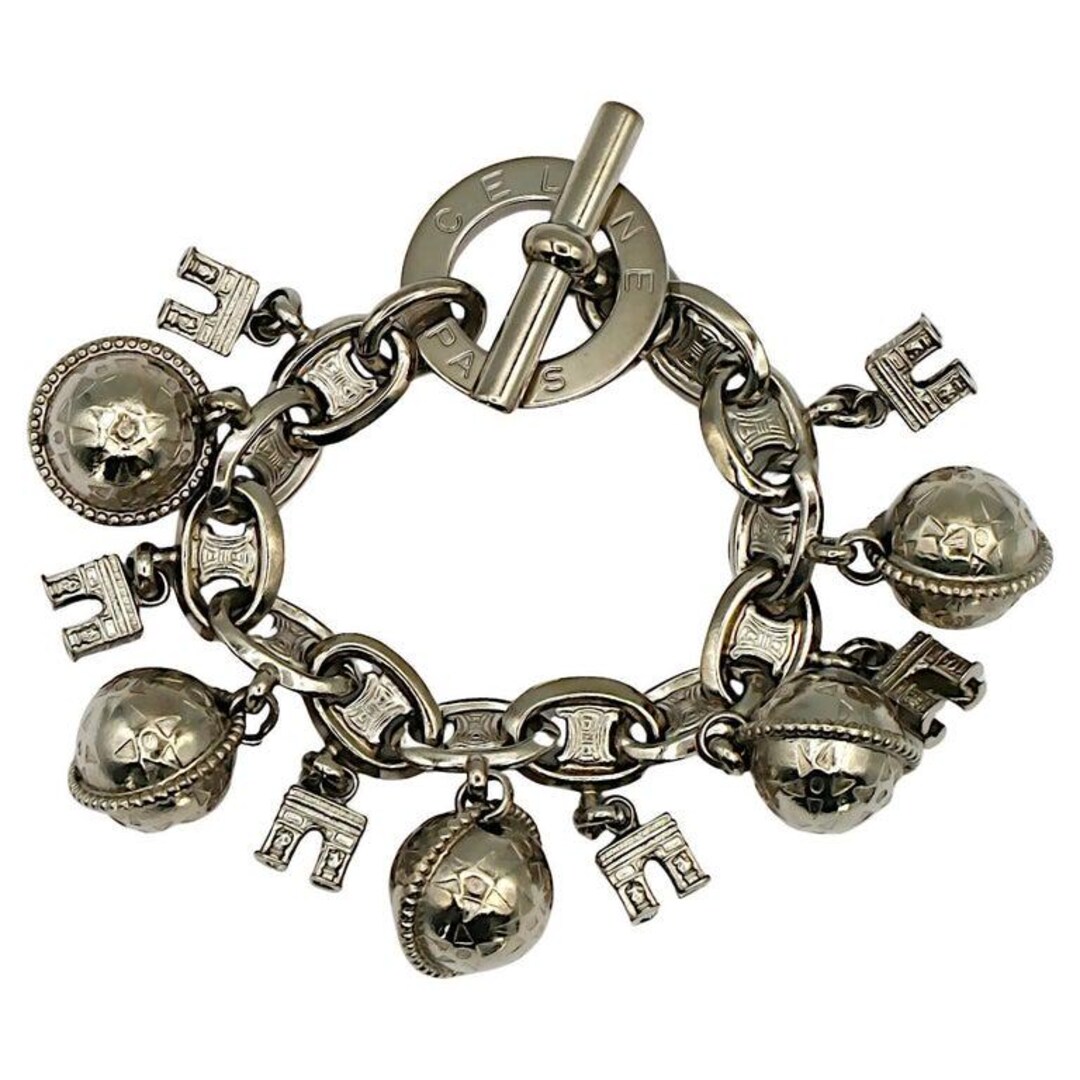 ♡ CELINE ♡ Vintage ♡ charm bracelet ♡ CELINE * Vintage Silver Tone Arc De Triomphe & Globe Charm