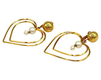 Vintage Gold Tone Heart & Pearl Dangle Earrings Moschino