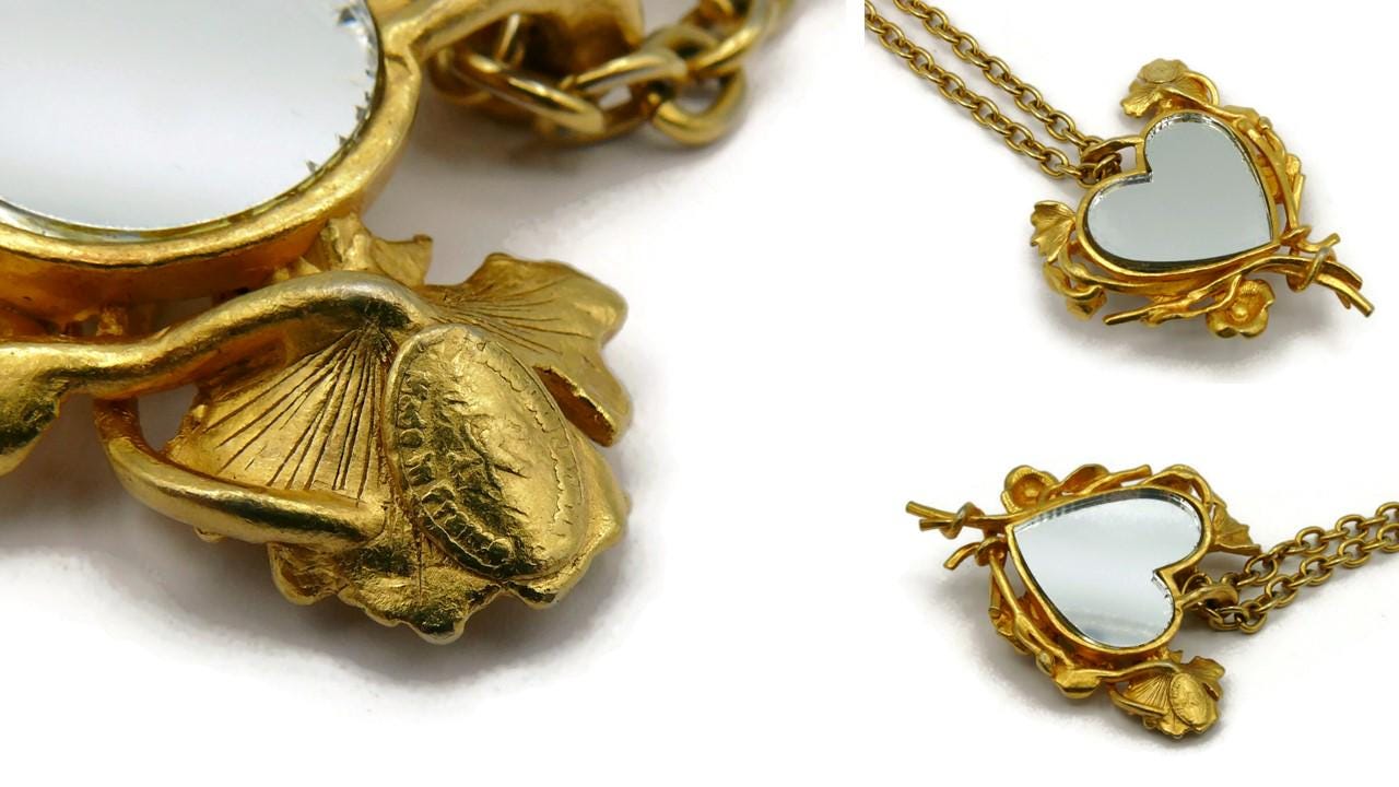 Vintage Jewelled Floral Mirrored Heart Pendant Necklace Christian