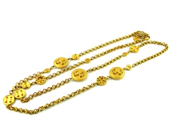 KARL LAGERFELD * Prächtige lange Vintage-Halskette mit ikonischem Knopf aus goldfarbenem Metall