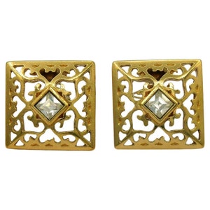 YVES SAINT LAURENT * Vintage Jewelled Gold Tone Clip-On Earrings