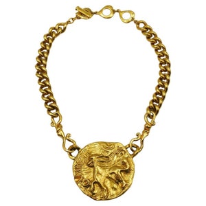 YVES SAINT LAURENT * Vintage Gold Tone Mythological Creature Medallion Necklace