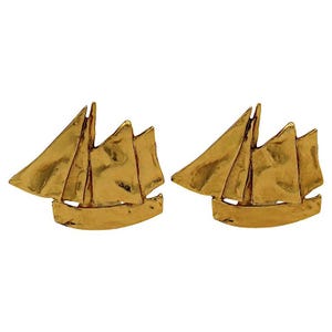 YVES SAINT LAURENT * Vintage Gold Tone Sailboat Clip-On Earrings
