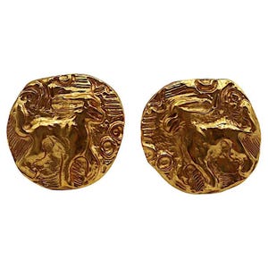 YVES SAINT LAURENT * Vintage Gold Tone Mythological Creature Clip-On Earrings
