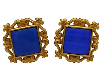 YVES SAINT LAURENT * Par vintage öronclips i guldfärgad metall och blå harts