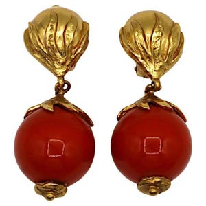 YVES SAINT LAURENT * Vintage Gold Tone Wood Ball Dangling Earrings