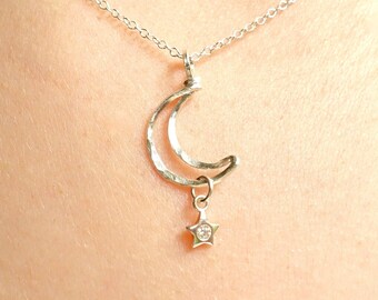 Crescent Moon and Star in Sterling Silver