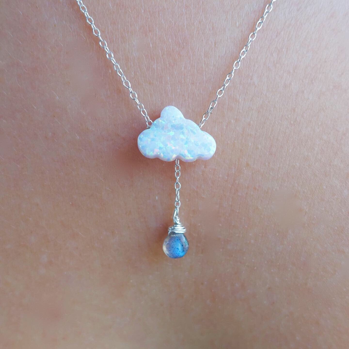 Opal Cloud and Blue Labradorite or Rainbow Moonstone Raindrop Necklac…