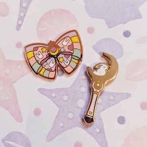 Moon Combo Pin Set, Moon Stick Bunny, Double Bow, Hard Enamel Pin (set of 2)