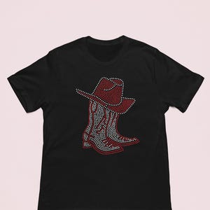 Cowboy boots rhinestone t-shirt, boots on the ground, line dance tshirt, cowboy boots and hat bling tee