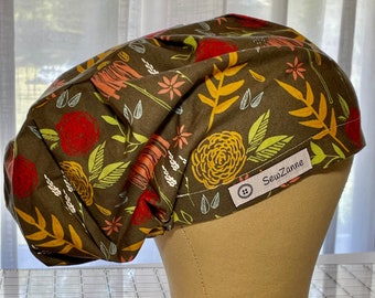Floral Euro Scrub Hat, Adjustable Cotton Nurse Cap, Long Hair
