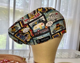 Road Trip Print Scrub Hat, Adjustable Cotton Nurse Cap