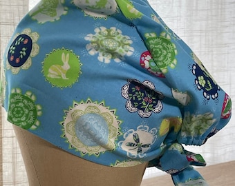 Blue Floral Tie Back Scrub Hat, Cotton Nurse Hat