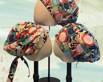 Floral Cotton Scrub Hat, Whimsical Print, Tie Back, Scrunchie, Bouffant, Euro style