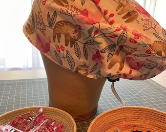 Sloth Print Scrub Hat, Euro Style, Adjustable Cotton Nurse Cap