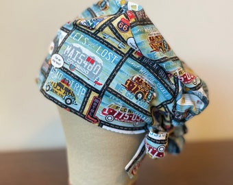 Road Trip Fabric Tie Back Scrub Hat, Nurse Doctor CRNA Hat