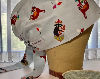 Sloth Raccoon Print Tie Back Scrub Hat