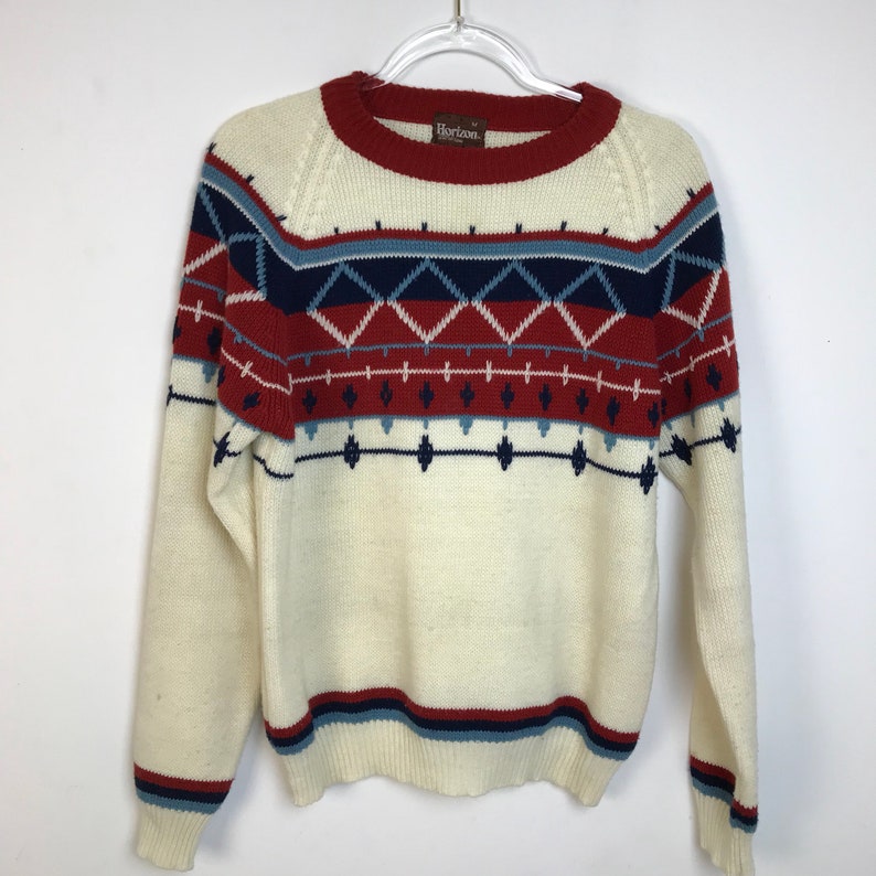 80/'s Sweater Men/'s Medium Geometric Design Vintage Man Ski Sweater