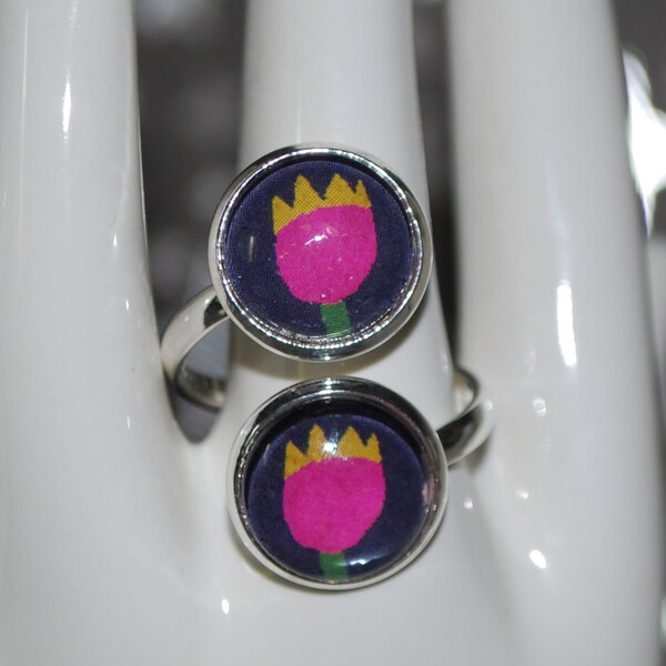 Bague double cabochon tulipe rose et jaune