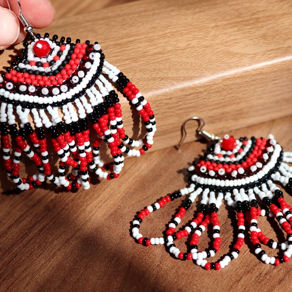 Ukrainian earrings, Folk earrings, beaded tassel earrings