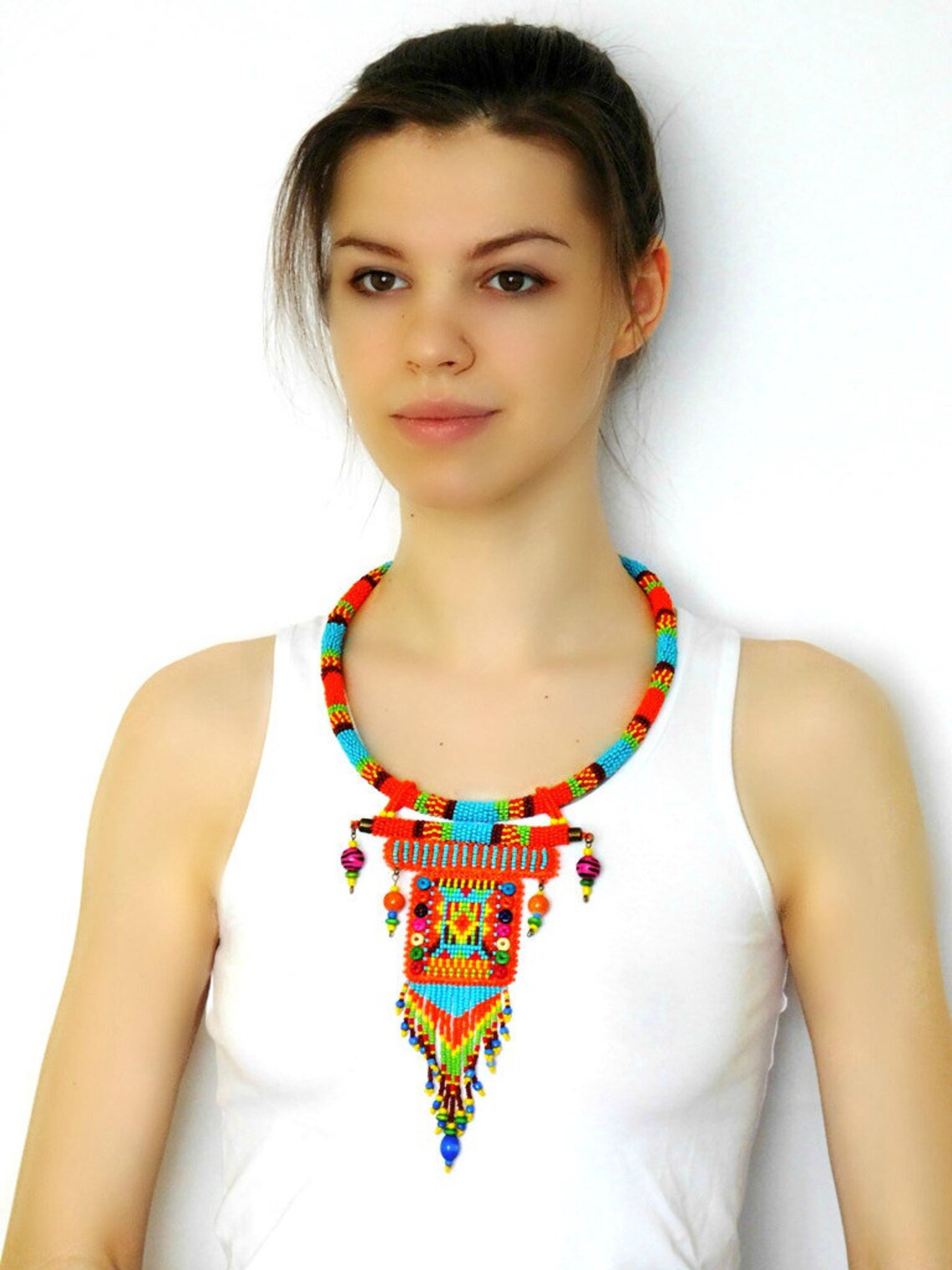 Native american style beaded necklace Rope necklace Lariat Etsy