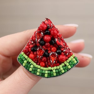 Watermelon brooch, Beaded embroidered brooch